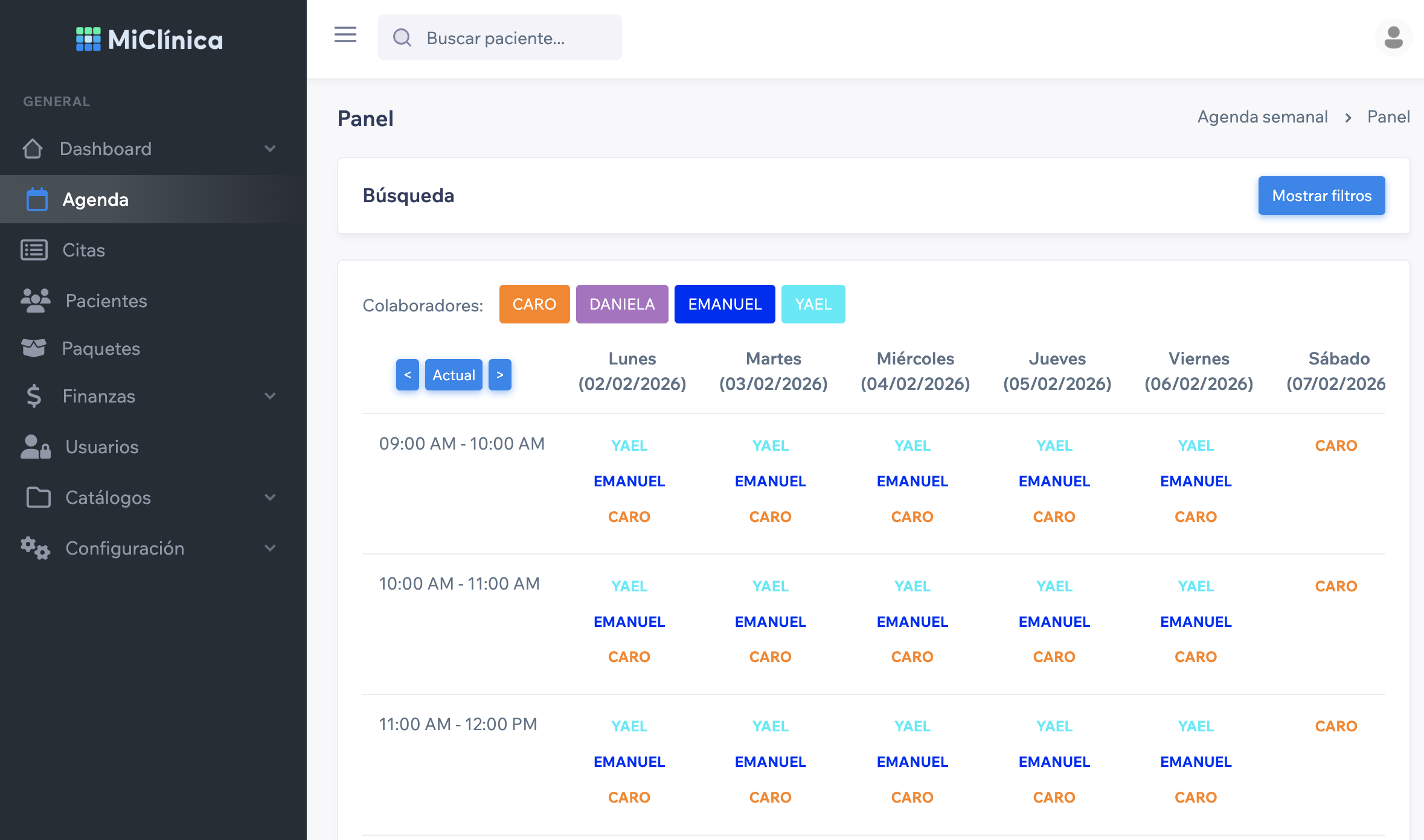 Panel de agenda de MiClinica