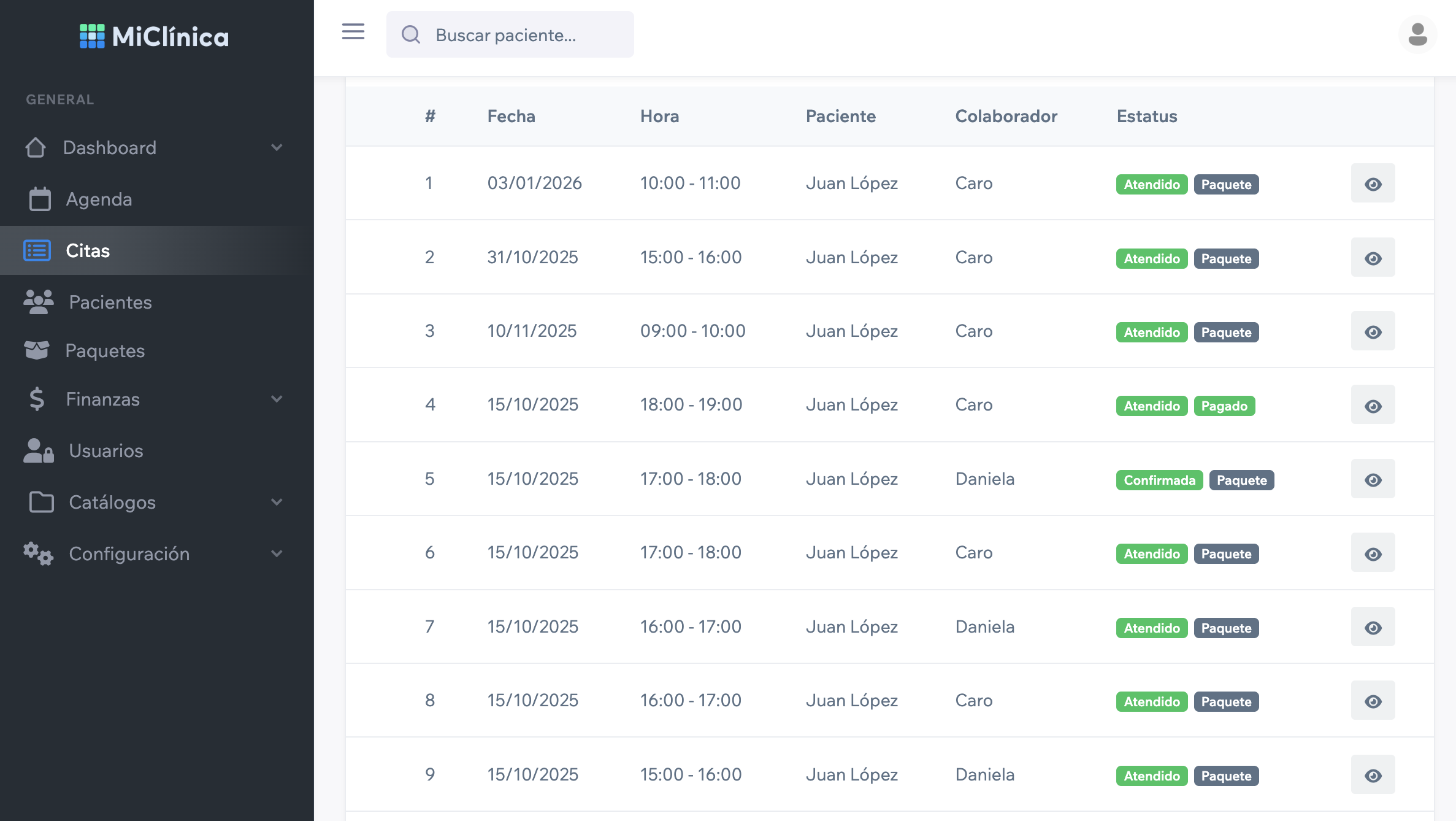 Vista de citas en MiClinica