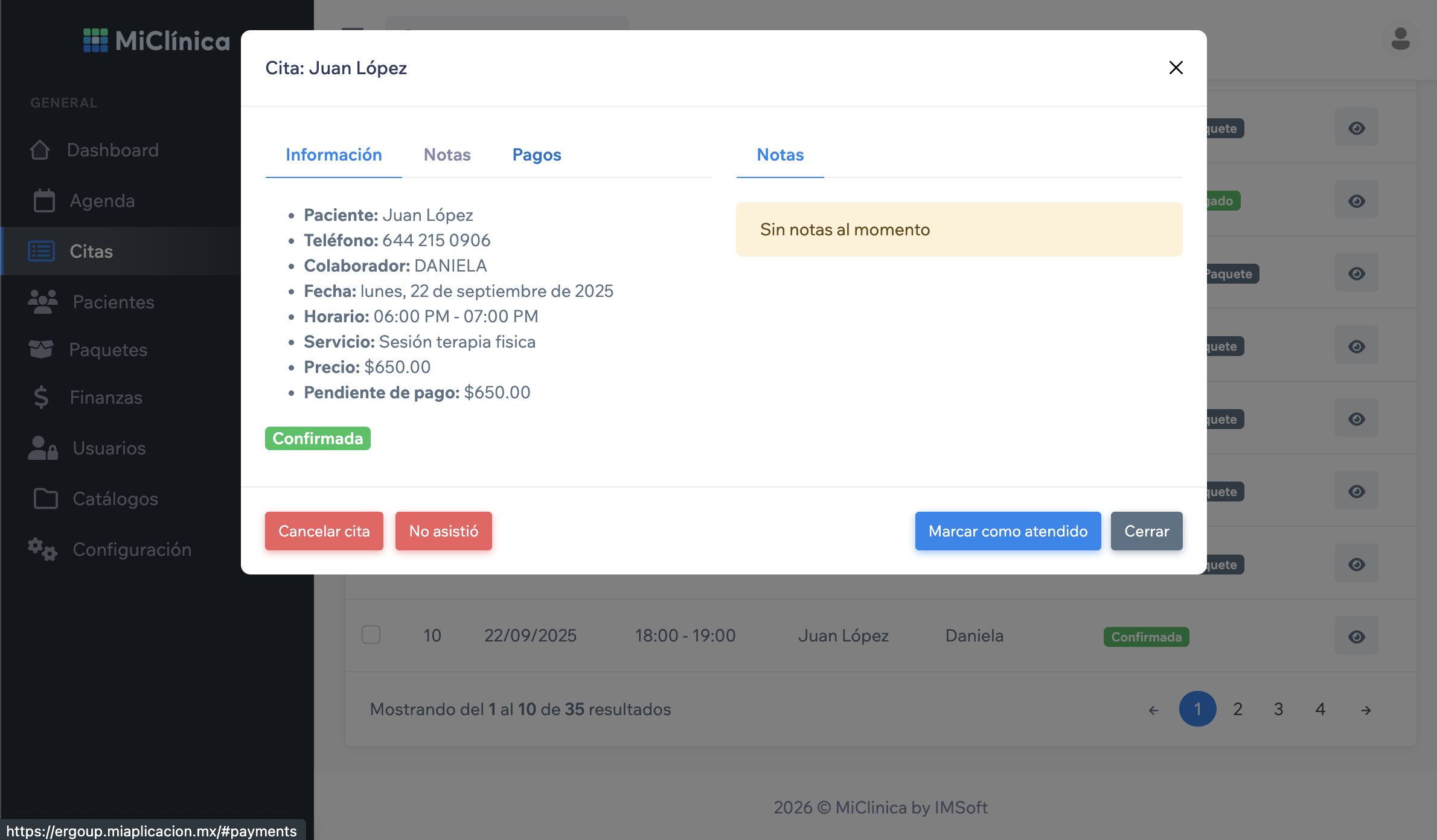 Detalle de citas y pagos en MiClinica
